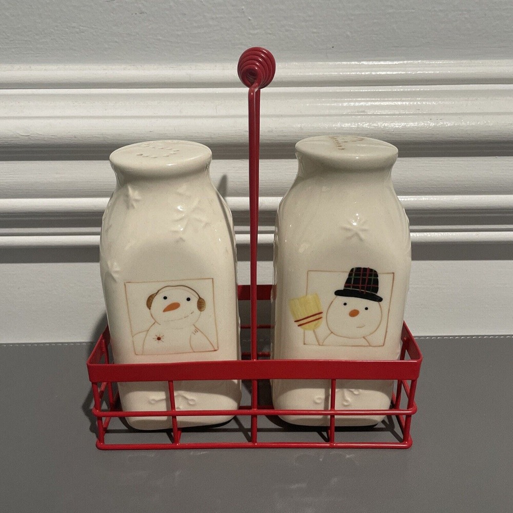 Hallmark Lg 5 3/8" Milk Bottle Snowman Salt & Pepper Shakers w/Red Crate Holder